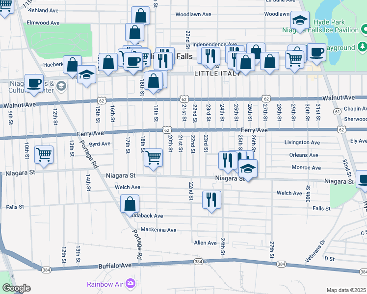 map of restaurants, bars, coffee shops, grocery stores, and more near 465 21st Street in Niagara Falls