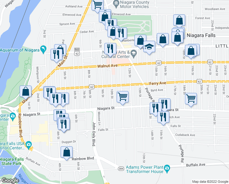 map of restaurants, bars, coffee shops, grocery stores, and more near 457 10th St in Niagara Falls