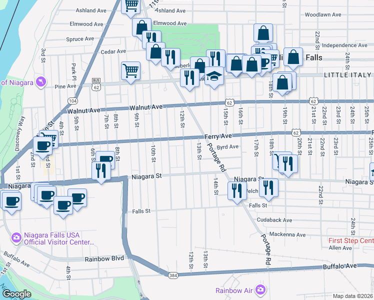 map of restaurants, bars, coffee shops, grocery stores, and more near 451 12th Street in Niagara Falls