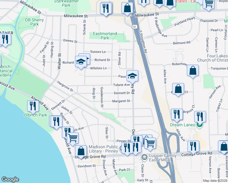 map of restaurants, bars, coffee shops, grocery stores, and more near 3834 Dennett Drive in Madison