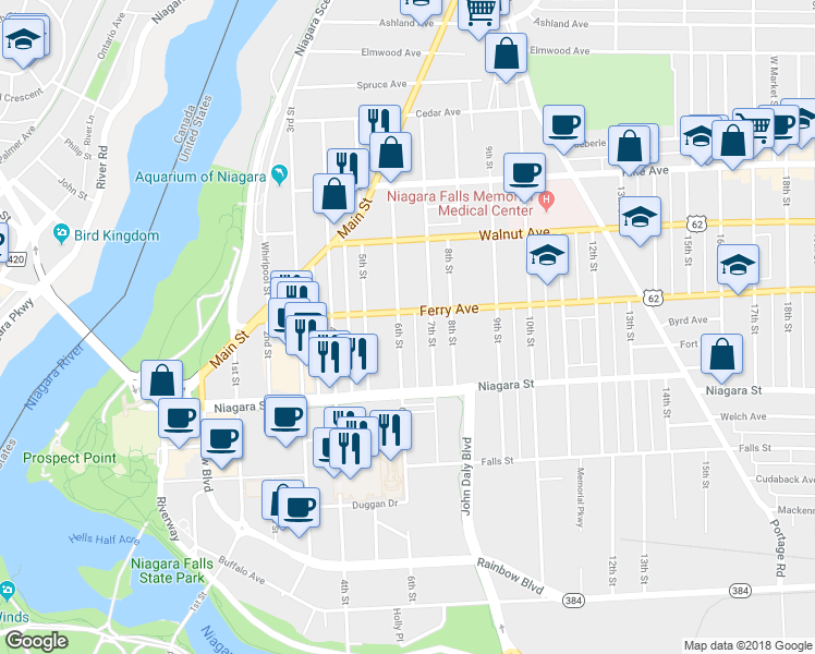 map of restaurants, bars, coffee shops, grocery stores, and more near 457 6th Street in Niagara Falls