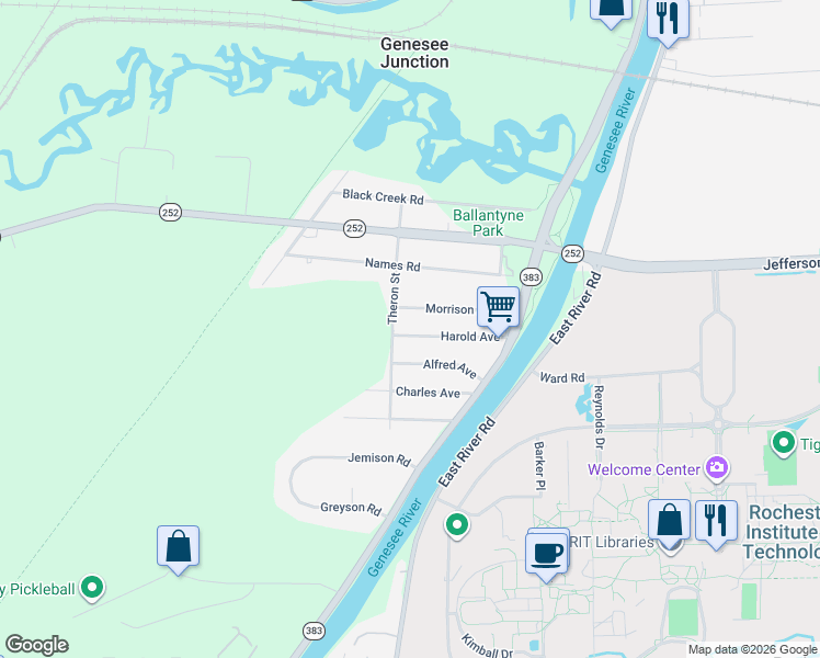 map of restaurants, bars, coffee shops, grocery stores, and more near 50 Harold Avenue in Rochester