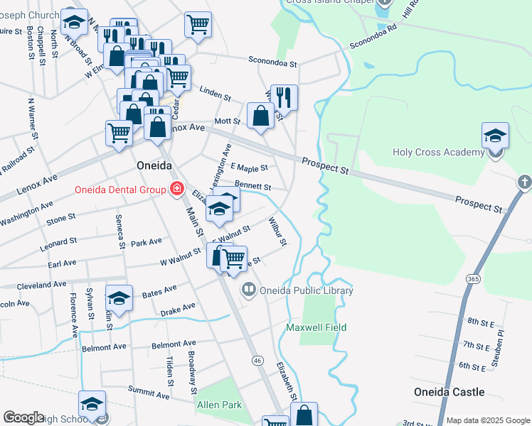 map of restaurants, bars, coffee shops, grocery stores, and more near 233 East Walnut Street in Oneida