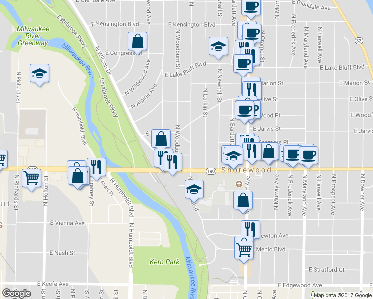 map of restaurants, bars, coffee shops, grocery stores, and more near 4109 North Morris Boulevard in Shorewood