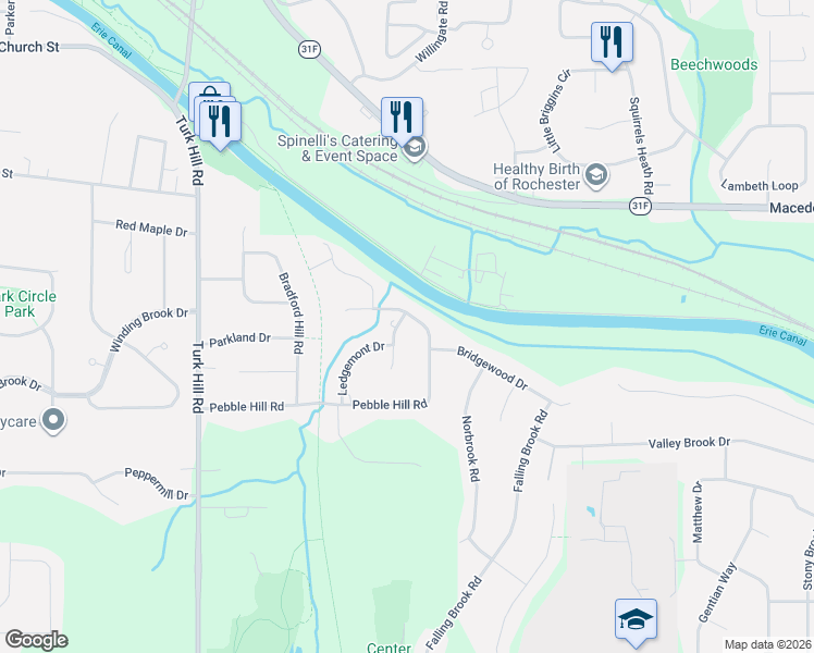 map of restaurants, bars, coffee shops, grocery stores, and more near 2 Putnam Circle in Fairport
