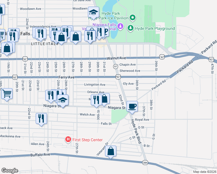 map of restaurants, bars, coffee shops, grocery stores, and more near 3031 Livingston Avenue in Niagara Falls