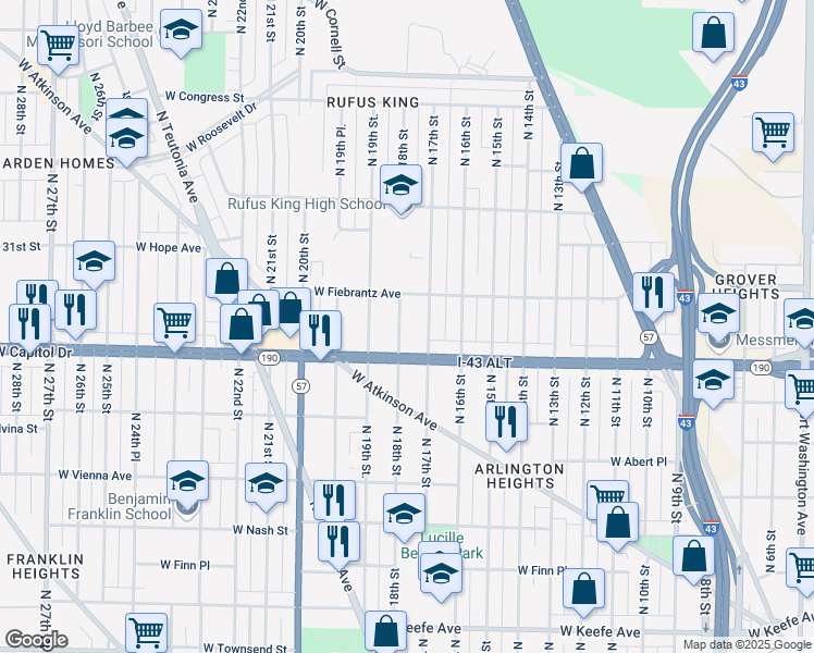 map of restaurants, bars, coffee shops, grocery stores, and more near 4038 North 18th Street in Milwaukee