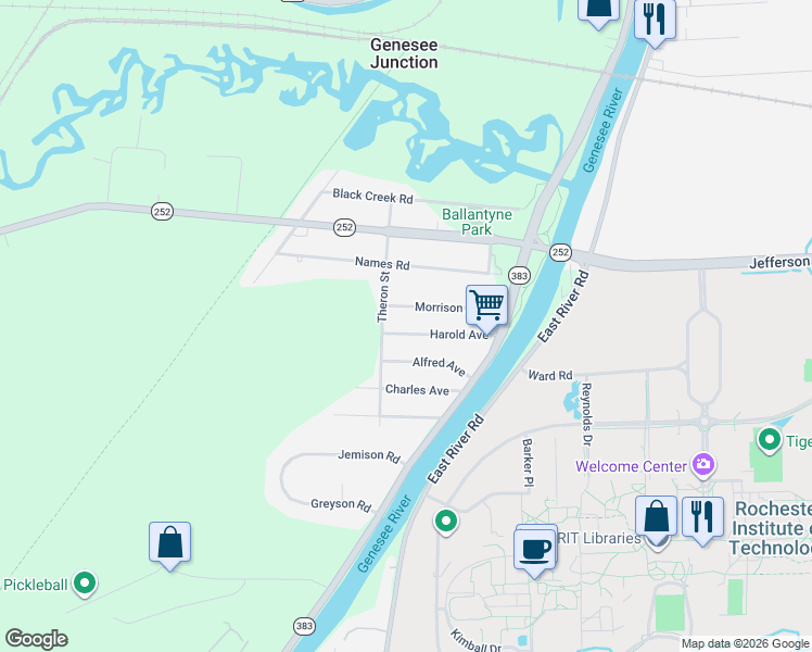 map of restaurants, bars, coffee shops, grocery stores, and more near 50 Harold Avenue in Rochester