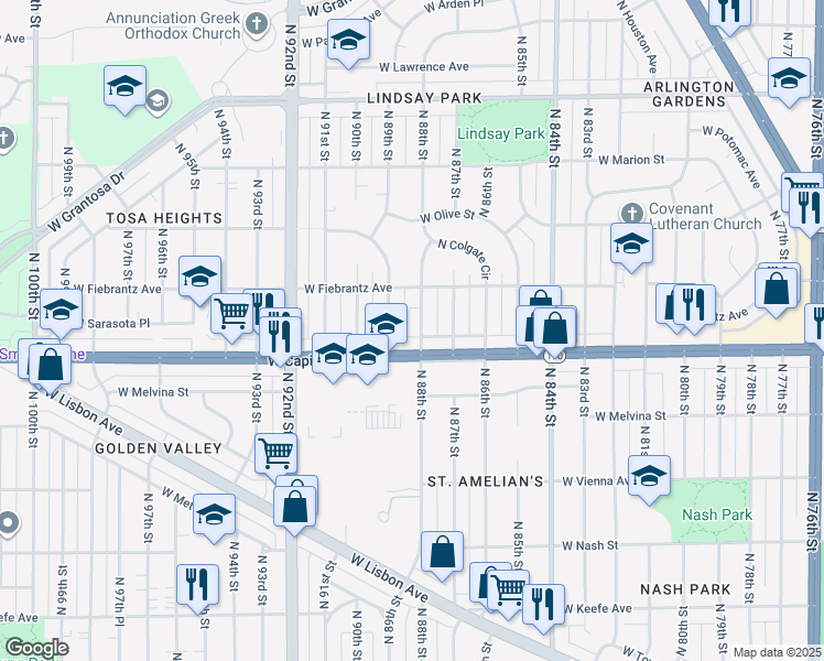map of restaurants, bars, coffee shops, grocery stores, and more near 4027 N 88th St in Milwaukee