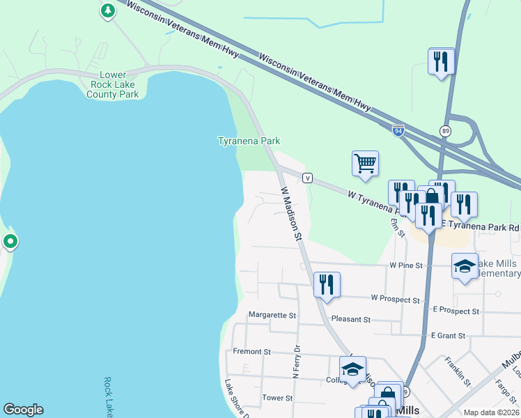 map of restaurants, bars, coffee shops, grocery stores, and more near W7835 Shore Acres Road in Lake Mills