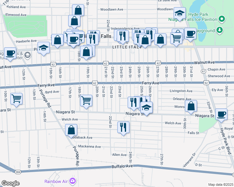 map of restaurants, bars, coffee shops, grocery stores, and more near 470 23rd Street in Niagara Falls