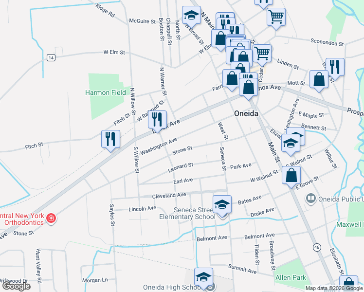 map of restaurants, bars, coffee shops, grocery stores, and more near 378 Stone Street in Oneida