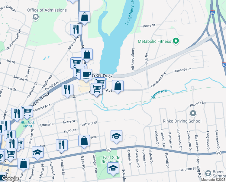 map of restaurants, bars, coffee shops, grocery stores, and more near 130 Excelsior Avenue in Saratoga Springs