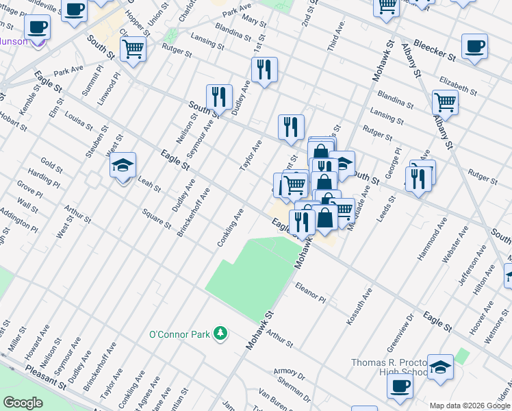 map of restaurants, bars, coffee shops, grocery stores, and more near 605 Eagle Street in Utica