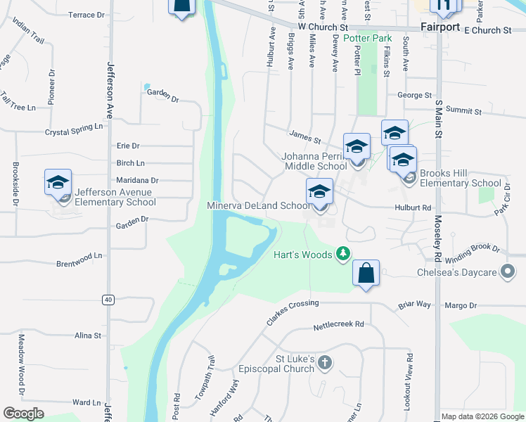 map of restaurants, bars, coffee shops, grocery stores, and more near 16 Erie Crescent in Fairport