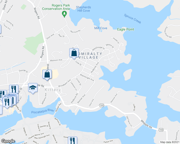 map of restaurants, bars, coffee shops, grocery stores, and more near 53 Philbrick Avenue in Kittery