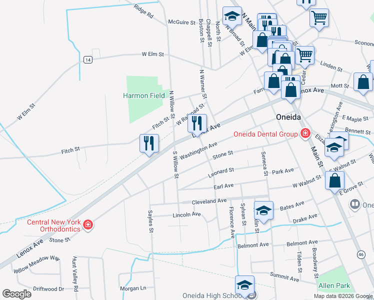 map of restaurants, bars, coffee shops, grocery stores, and more near 426 Washington Ave in Oneida