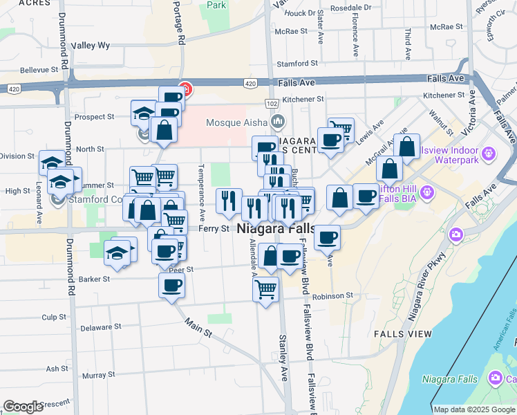 map of restaurants, bars, coffee shops, grocery stores, and more near 5532 Spring Street in Niagara Falls