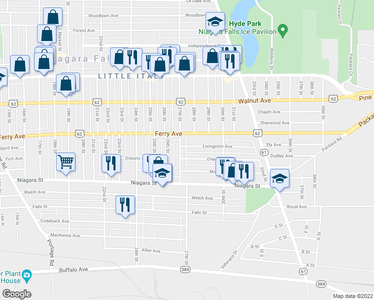map of restaurants, bars, coffee shops, grocery stores, and more near 2711 Livingston Avenue in Niagara Falls