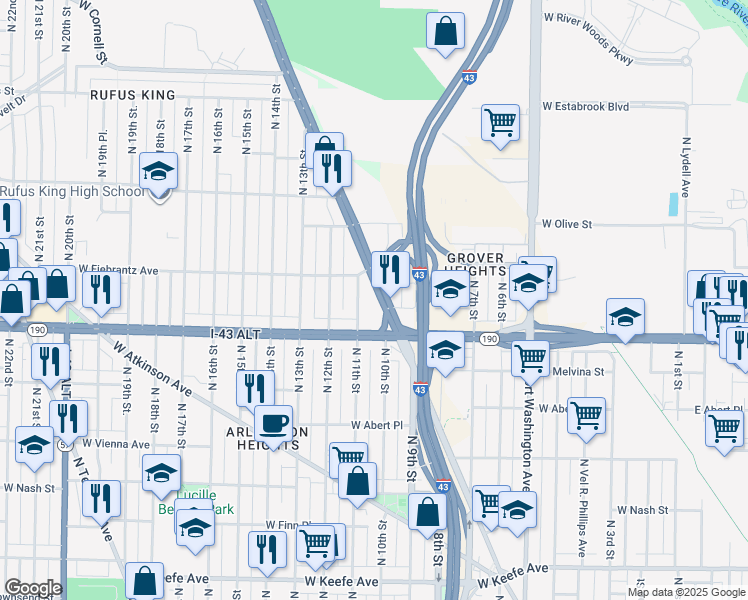 map of restaurants, bars, coffee shops, grocery stores, and more near 4057 North Green Bay Avenue in Milwaukee
