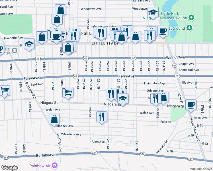 map of restaurants, bars, coffee shops, grocery stores, and more near 470 24th Street in Niagara Falls