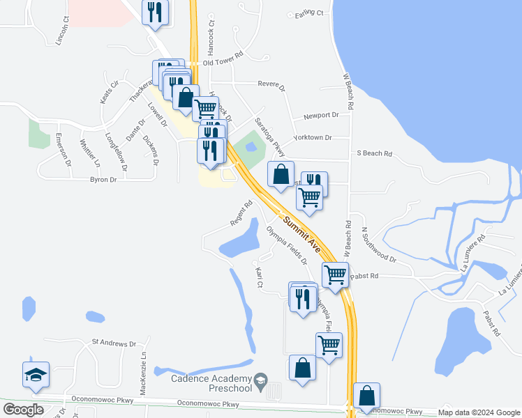 map of restaurants, bars, coffee shops, grocery stores, and more near 712 Regent Road in Oconomowoc