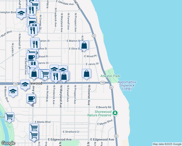 map of restaurants, bars, coffee shops, grocery stores, and more near 4040 North Downer Avenue in Shorewood