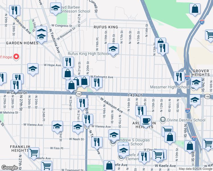 map of restaurants, bars, coffee shops, grocery stores, and more near 4039 North 19th Street in Milwaukee