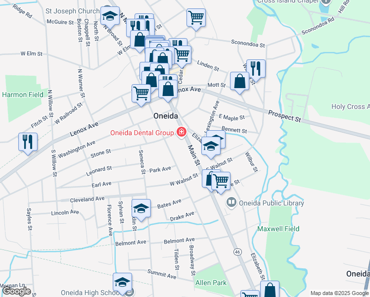 map of restaurants, bars, coffee shops, grocery stores, and more near 320 Main Street in Oneida