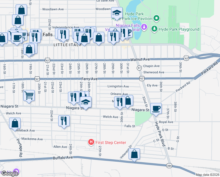 map of restaurants, bars, coffee shops, grocery stores, and more near 2743 Livingston Avenue in Niagara Falls