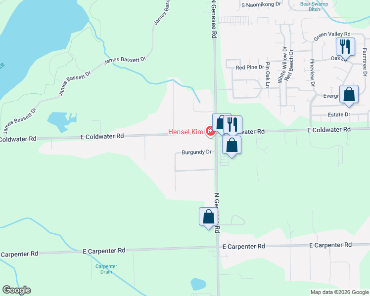 map of restaurants, bars, coffee shops, grocery stores, and more near 4439 Burgundy Drive in Flint