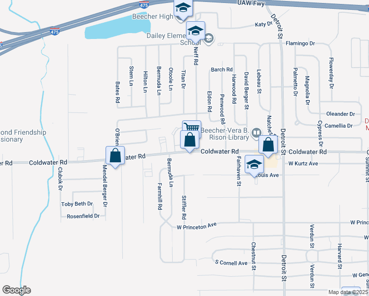 map of restaurants, bars, coffee shops, grocery stores, and more near 2037 Vanderbilt Court in Mount Morris