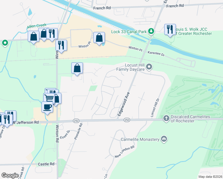 map of restaurants, bars, coffee shops, grocery stores, and more near 460 Surrey Hill Way in Rochester