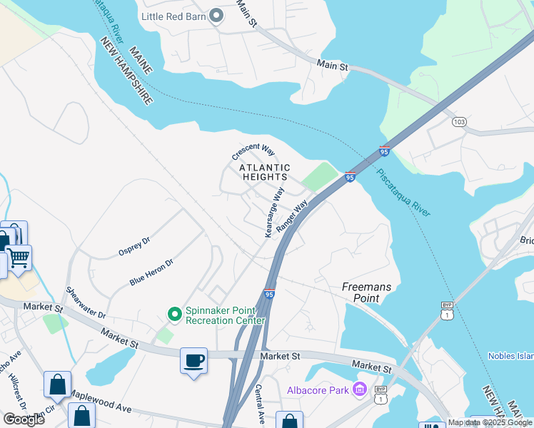 map of restaurants, bars, coffee shops, grocery stores, and more near 573 Kearsarge Way in Portsmouth