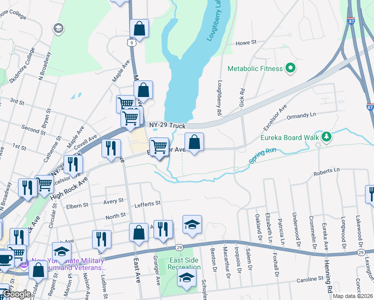 map of restaurants, bars, coffee shops, grocery stores, and more near 130 Excelsior Avenue in Saratoga Springs