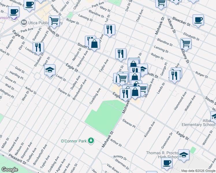 map of restaurants, bars, coffee shops, grocery stores, and more near 605 Eagle Street in Utica