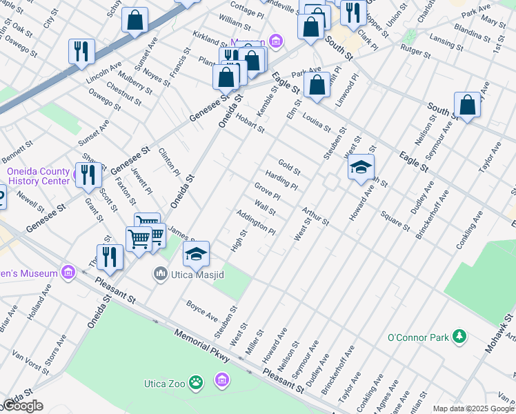 map of restaurants, bars, coffee shops, grocery stores, and more near 112 Wall Street in Utica