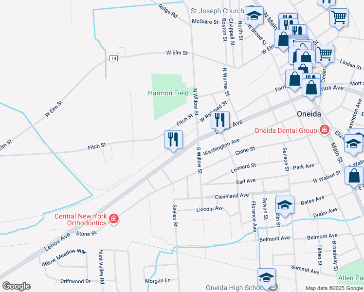 map of restaurants, bars, coffee shops, grocery stores, and more near 534 Lenox Avenue in Oneida