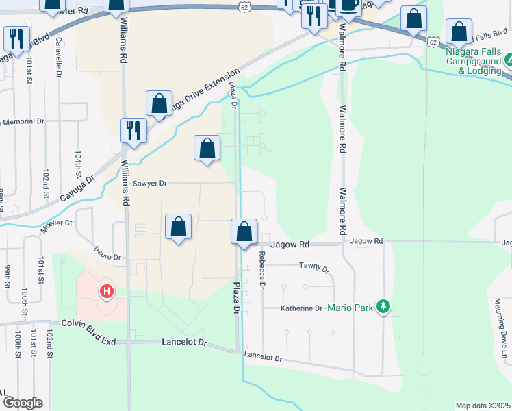 map of restaurants, bars, coffee shops, grocery stores, and more near 6881 Plaza Drive in Niagara Falls