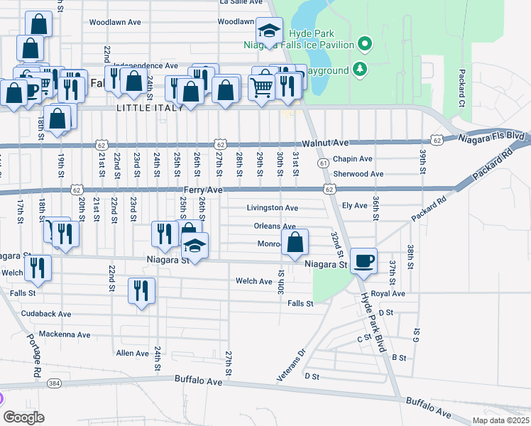 map of restaurants, bars, coffee shops, grocery stores, and more near 2787 Livingston Avenue in Niagara Falls