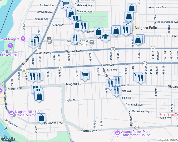 map of restaurants, bars, coffee shops, grocery stores, and more near 449 Memorial Parkway in Niagara Falls