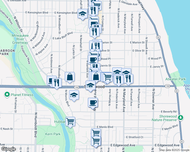 map of restaurants, bars, coffee shops, grocery stores, and more near 4035 North Oakland Avenue in Shorewood