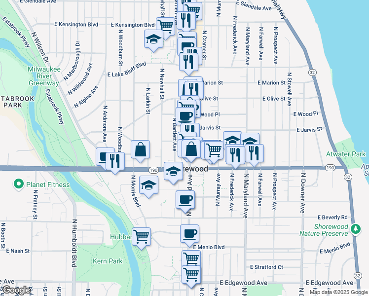 map of restaurants, bars, coffee shops, grocery stores, and more near 4035 North Oakland Avenue in Shorewood