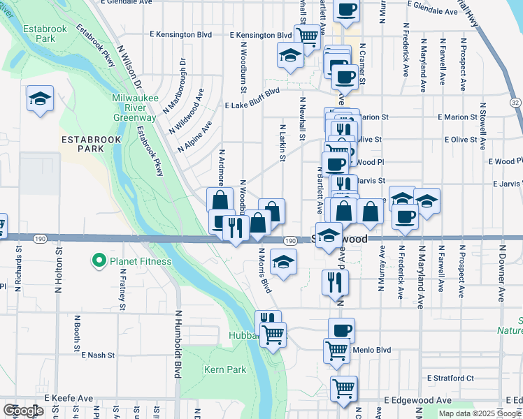 map of restaurants, bars, coffee shops, grocery stores, and more near 4109 North Morris Boulevard in Shorewood