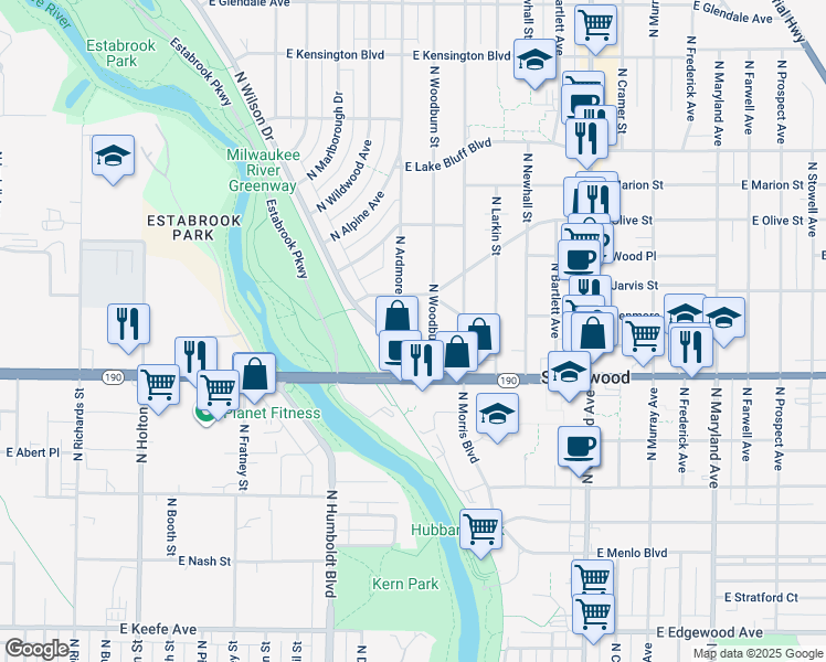 map of restaurants, bars, coffee shops, grocery stores, and more near 4111 North Woodburn Street in Shorewood