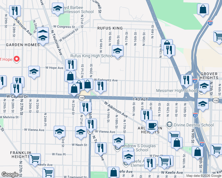 map of restaurants, bars, coffee shops, grocery stores, and more near 4039 North 19th Street in Milwaukee