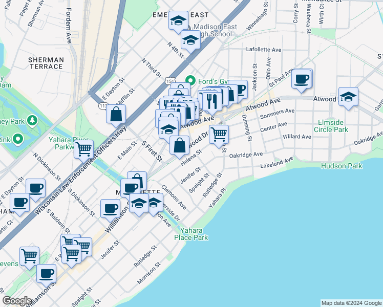 map of restaurants, bars, coffee shops, grocery stores, and more near 2022 Helena Street in Madison