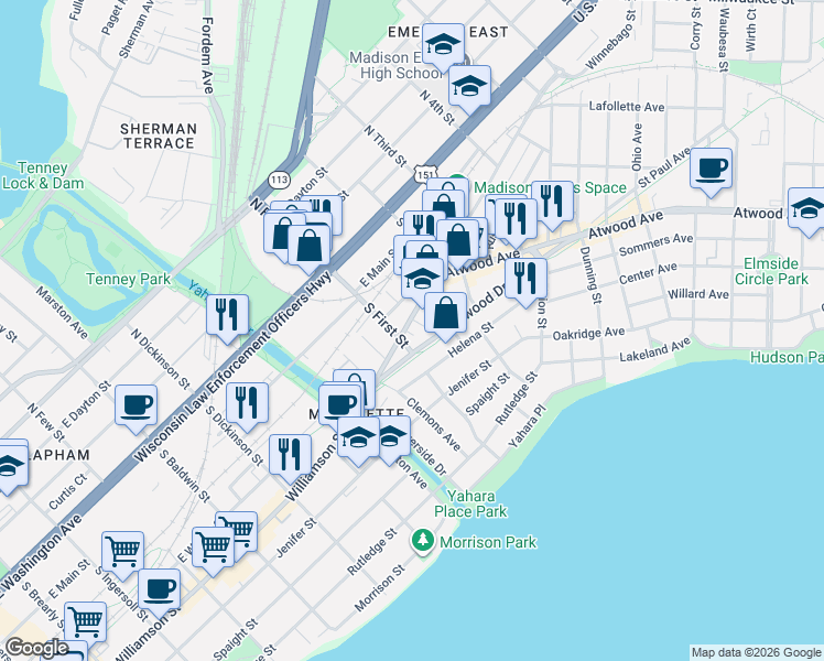 map of restaurants, bars, coffee shops, grocery stores, and more near 1950 Winnebago Street in Madison