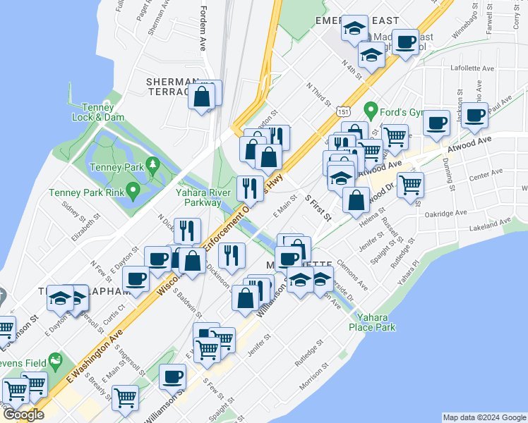 map of restaurants, bars, coffee shops, grocery stores, and more near 1825 East Washington Avenue in Madison