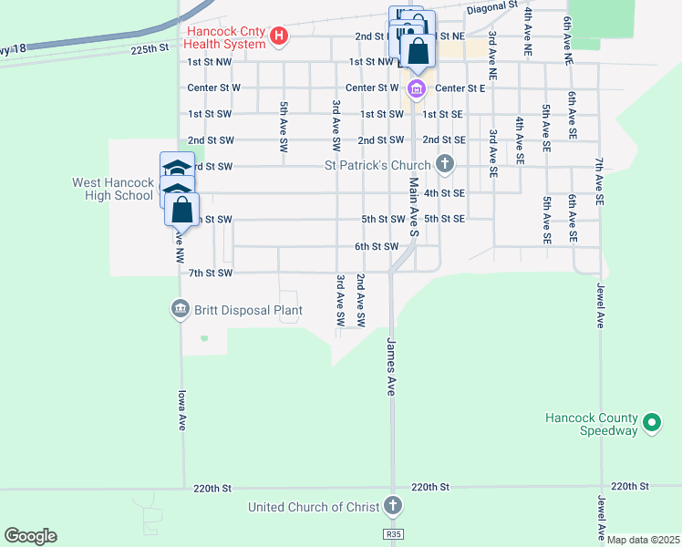 map of restaurants, bars, coffee shops, grocery stores, and more near 700 3rd Avenue Southwest in Britt